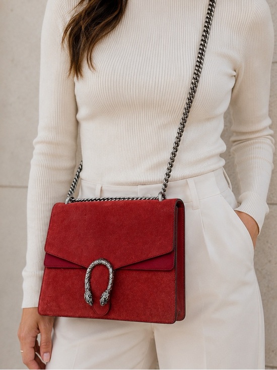 Gucci Handbags - Women's Red Suede Shoulder Bag with Chain Strap